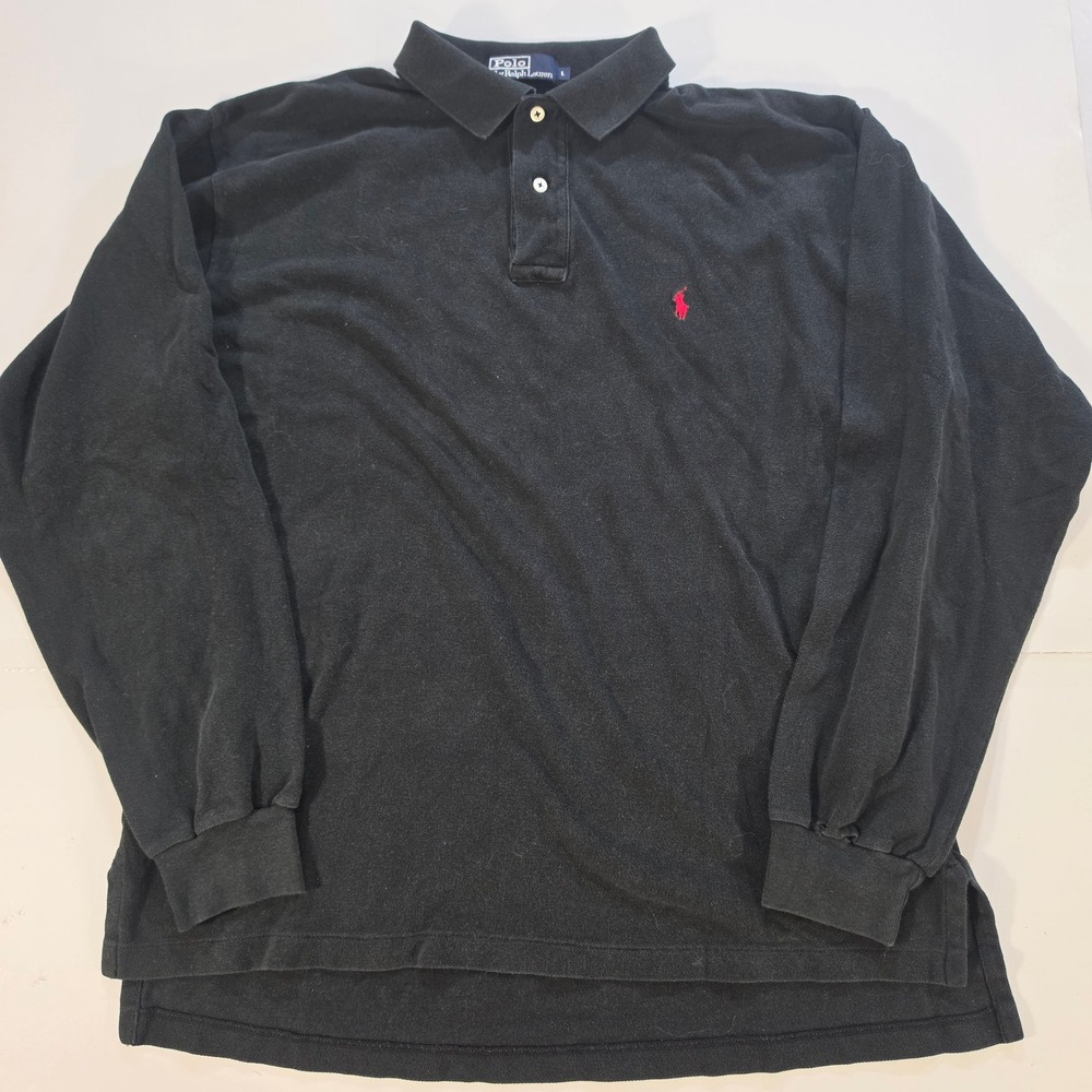 Polo Ralph Lauren Mens Black Long Sleeve Pique Polo Shirt Red Pony Logo Size L